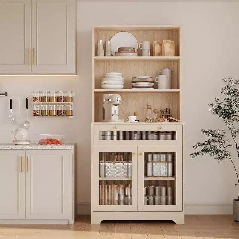 62 Meuble de Rangement, Unité de Rangement Haute Autonome à 6 Niveaux avec 1 Tiroir, 2 Armoires, 3 Étagères Ouvertes, Portes en Verre, pour Bureau à Domicile