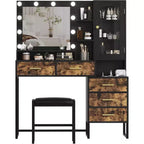 COZONY Coiffeuse avec tabouret rembourré, coiffeuse avec miroir et lumières, ensemble de coiffeuse avec rangement pour bijoux, 5 tiroirs et étagères