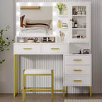 COZONY Coiffeuse avec tabouret rembourré, coiffeuse avec miroir et lumières, ensemble de coiffeuse avec rangement pour bijoux, 5 tiroirs et étagères