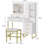 COZONY Coiffeuse avec tabouret rembourré, coiffeuse avec miroir et lumières, ensemble de coiffeuse avec rangement pour bijoux, 5 tiroirs et étagères