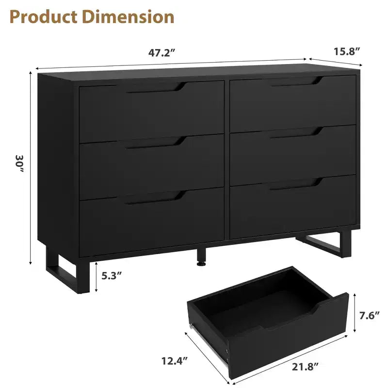 Commode 6 tiroirs GustoWave pour chambre à coucher, commode de 120 cm de large, armoire à tiroirs verticale autoportante avec rangement, commode de rangement en bois pour salon