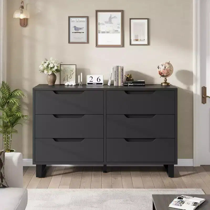 Commode 6 tiroirs GustoWave pour chambre à coucher, commode de 120 cm de large, armoire à tiroirs verticale autoportante avec rangement, commode de rangement en bois pour salon