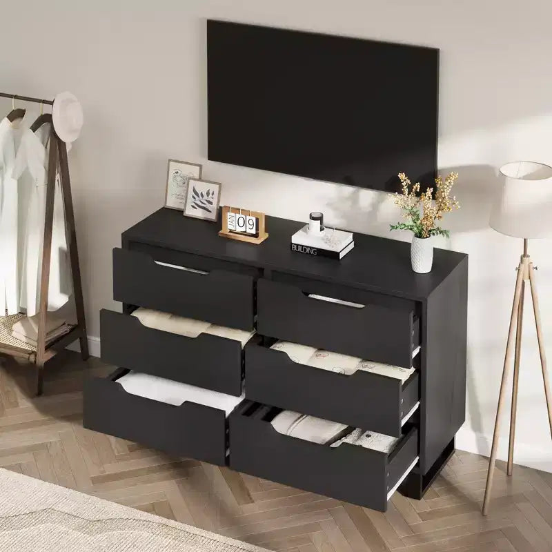 Commode 6 tiroirs GustoWave pour chambre à coucher, commode de 120 cm de large, armoire à tiroirs verticale autoportante avec rangement, commode de rangement en bois pour salon