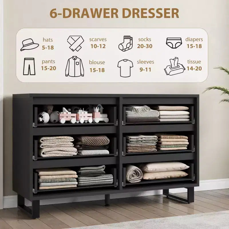 Commode 6 tiroirs GustoWave pour chambre à coucher, commode de 120 cm de large, armoire à tiroirs verticale autoportante avec rangement, commode de rangement en bois pour salon