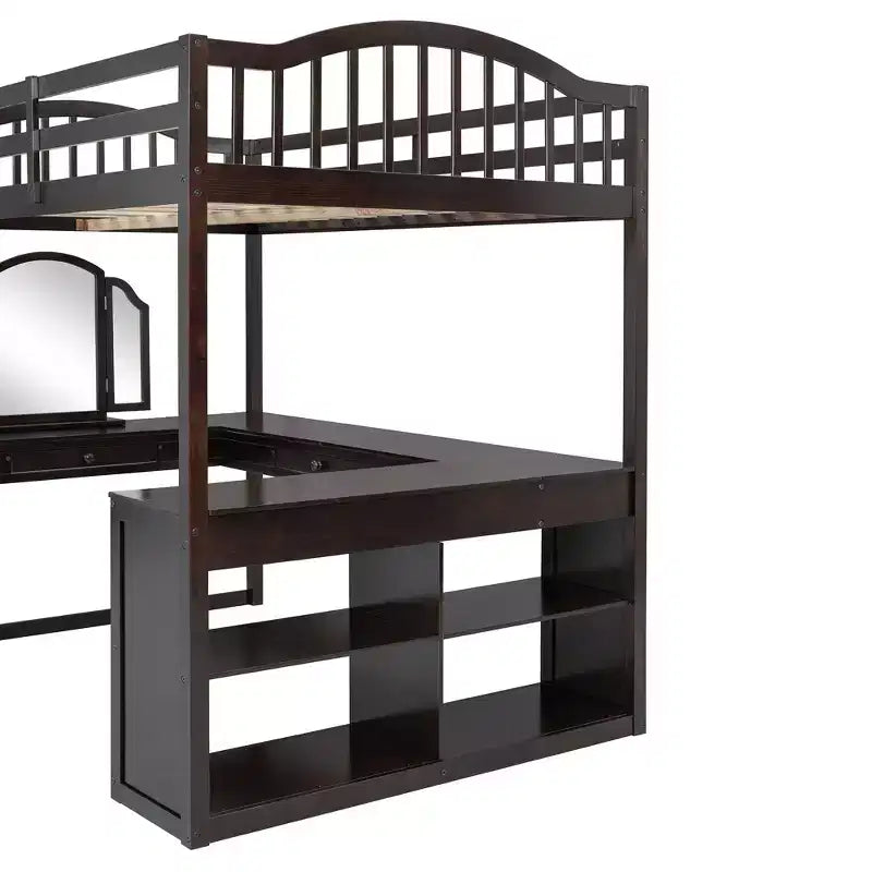 Lit mezzanine double avec bureau, lit mezzanine en bois avec tiroirs et étagères de rangement, lit mezzanine double haut avec miroir de coiffeuse pour enfants, adolescents et adultes
