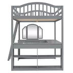Lit mezzanine double avec bureau, lit mezzanine en bois avec tiroirs et étagères de rangement, lit mezzanine double haut avec miroir de coiffeuse pour enfants, adolescents et adultes