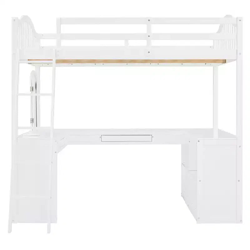 Lit mezzanine double avec bureau, lit mezzanine en bois avec tiroirs et étagères de rangement, lit mezzanine double haut avec miroir de coiffeuse pour enfants, adolescents et adultes