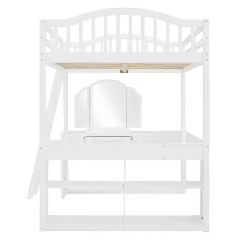Lit mezzanine double avec bureau, lit mezzanine en bois avec tiroirs et étagères de rangement, lit mezzanine double haut avec miroir de coiffeuse pour enfants, adolescents et adultes