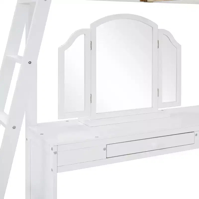 Lit mezzanine double avec bureau, lit mezzanine en bois avec tiroirs et étagères de rangement, lit mezzanine double haut avec miroir de coiffeuse pour enfants, adolescents et adultes
