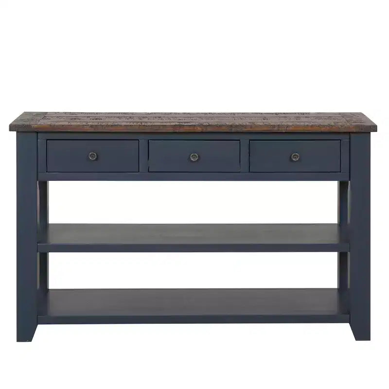 Hostack Console de 48 pouces en bois massif avec 3 tiroirs de rangement et 2 étagères, bleue