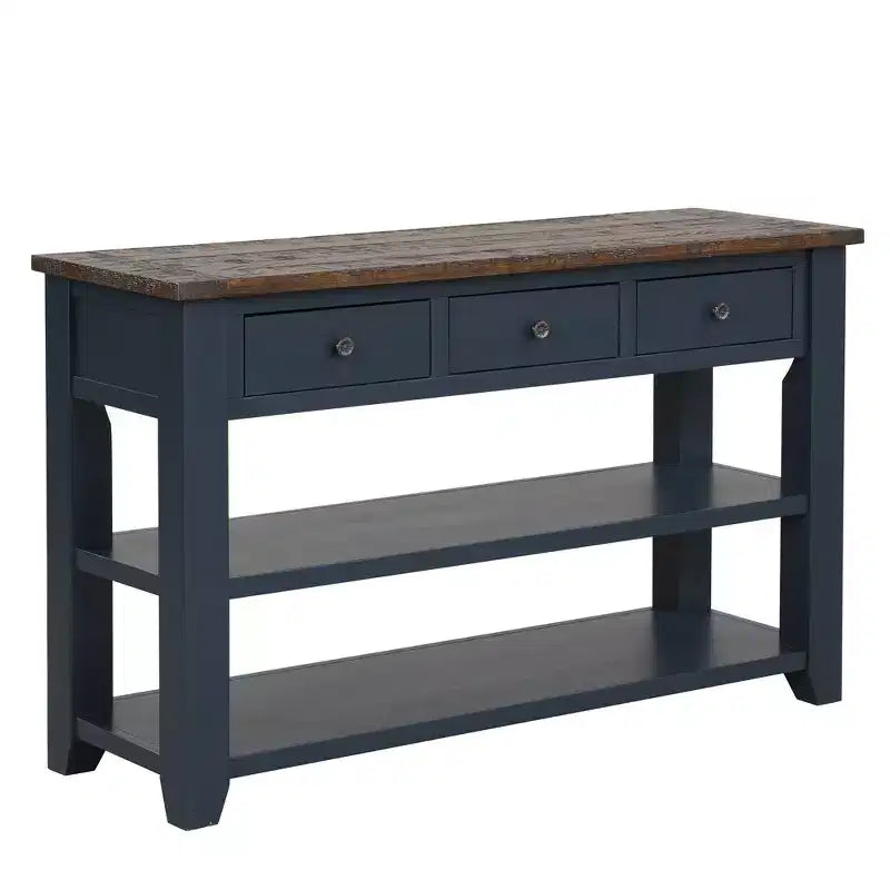 Hostack Console de 48 pouces en bois massif avec 3 tiroirs de rangement et 2 étagères, bleue
