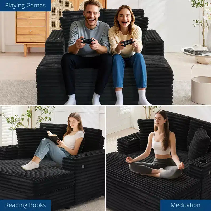 Chaise longue surdimensionnée de 54 pouces, canapé-lit rembourré avec 4 oreillers et porte-gobelet, canapé en velours côtelé confortable pour salon ou chambre à coucher