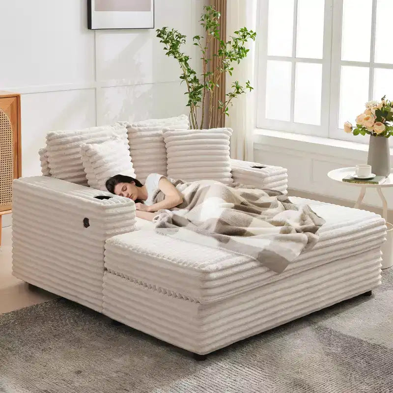Chaise longue surdimensionnée de 54 pouces, canapé-lit rembourré avec 4 oreillers et porte-gobelet, canapé en velours côtelé confortable pour salon ou chambre à coucher