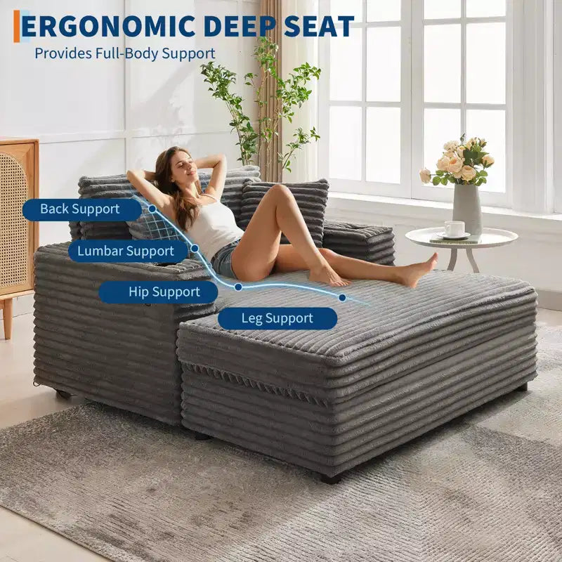 Chaise longue surdimensionnée de 54 pouces, canapé-lit rembourré avec 4 oreillers et porte-gobelet, canapé en velours côtelé confortable pour salon ou chambre à coucher