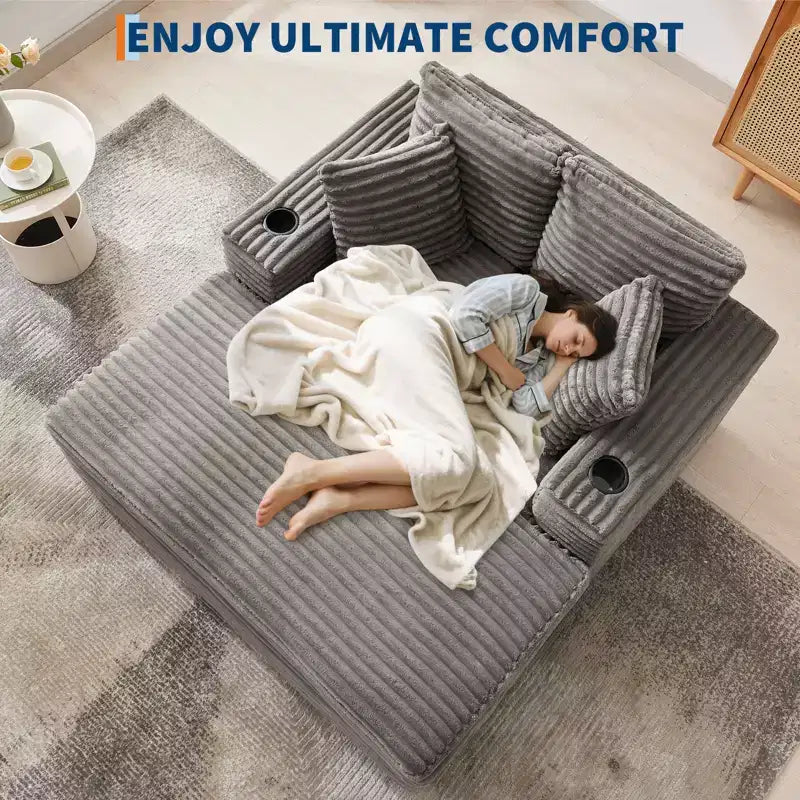 Chaise longue surdimensionnée de 54 pouces, canapé-lit rembourré avec 4 oreillers et porte-gobelet, canapé en velours côtelé confortable pour salon ou chambre à coucher