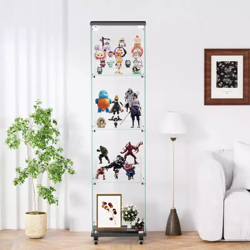 Meuble vitrine Okak avec porte en verre et étagères en acrylique, meuble de rangement avec serrure et roulettes, armoire pour salon, chambre à coucher