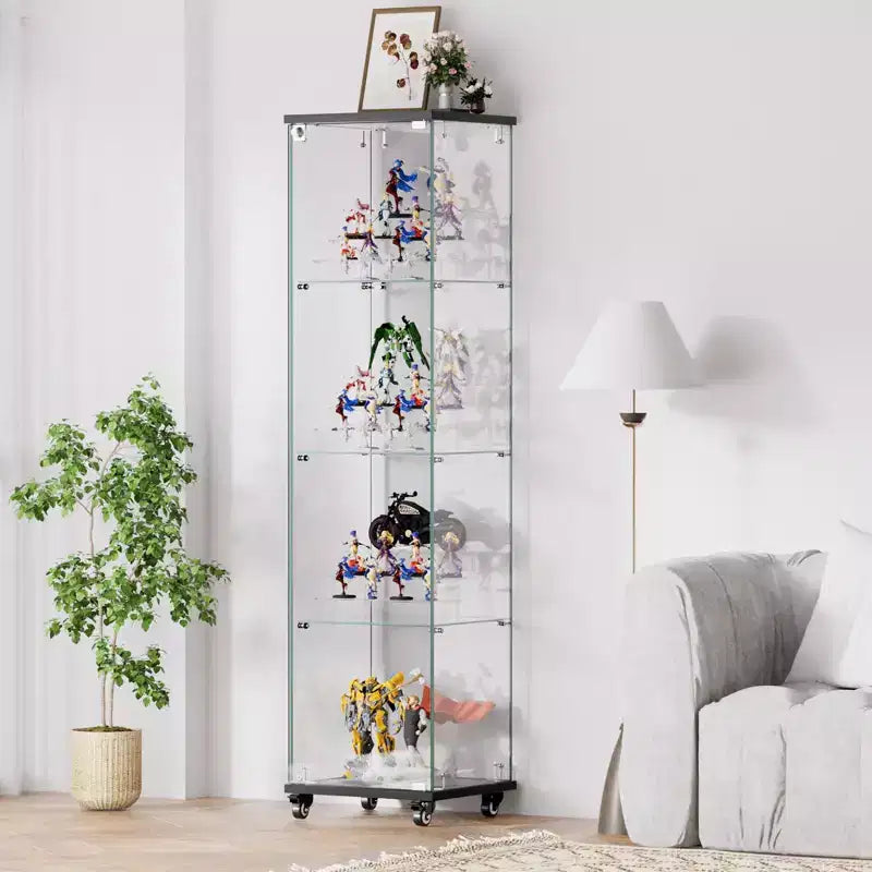 Meuble vitrine Okak avec porte en verre et étagères en acrylique, meuble de rangement avec serrure et roulettes, armoire pour salon, chambre à coucher