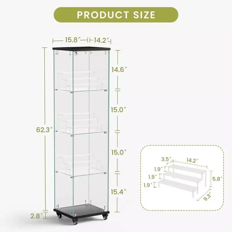 Meuble vitrine Okak avec porte en verre et étagères en acrylique, meuble de rangement avec serrure et roulettes, armoire pour salon, chambre à coucher