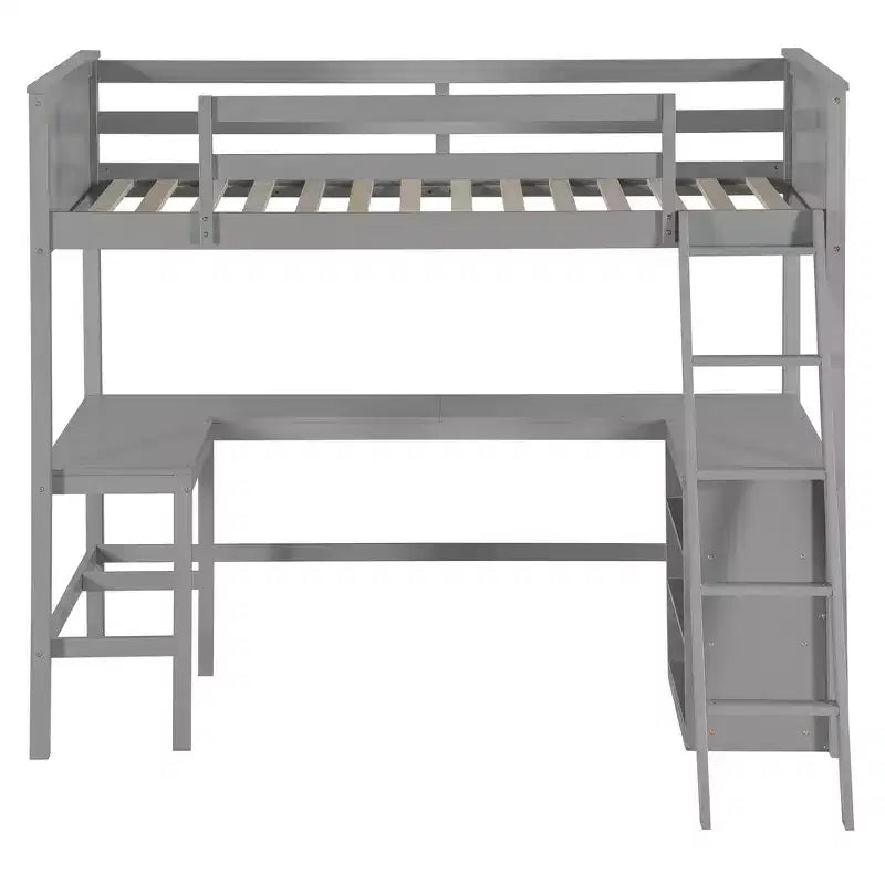 Lit mezzanine double surélevé avec bureau, cadre de lit mezzanine en bois avec étagères de rangement