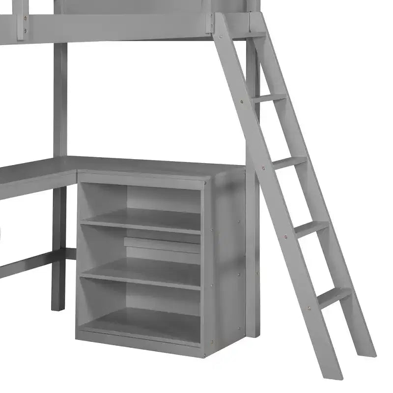 Lit mezzanine double surélevé avec bureau, cadre de lit mezzanine en bois avec étagères de rangement