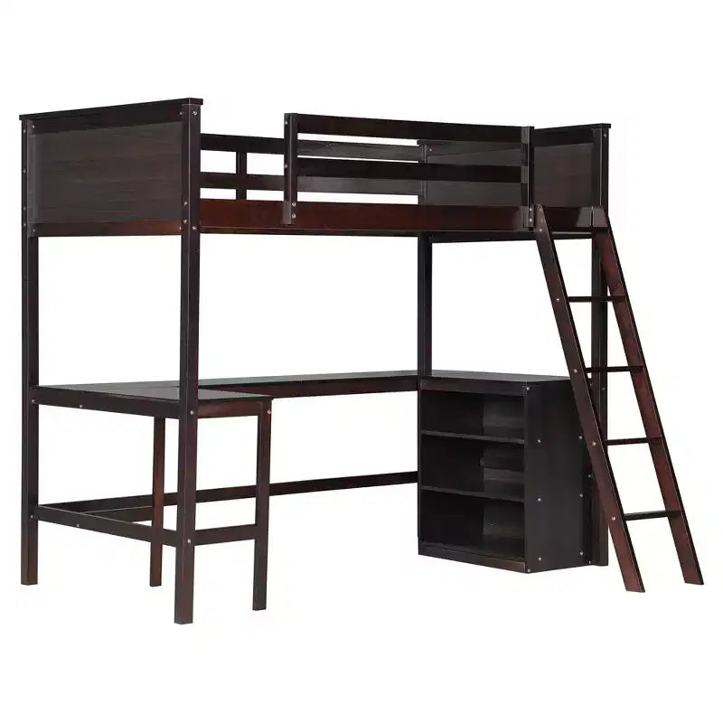 Lit mezzanine double surélevé avec bureau, cadre de lit mezzanine en bois avec étagères de rangement