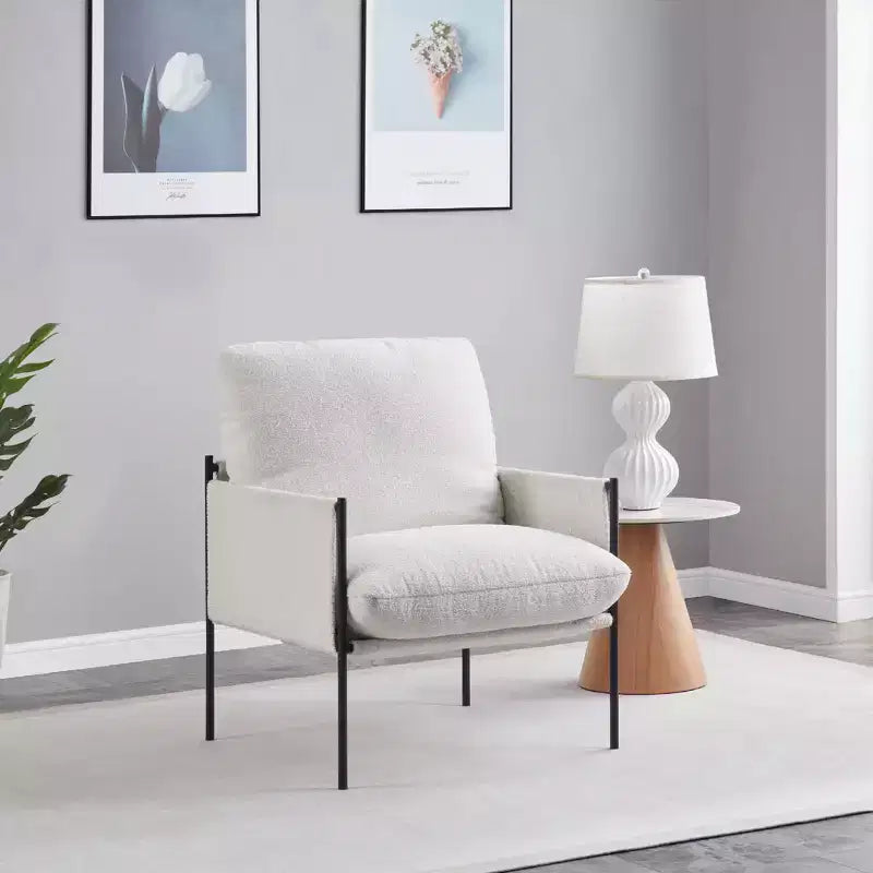 White Accent Chair w/ Wood Arms & Removable Cushion