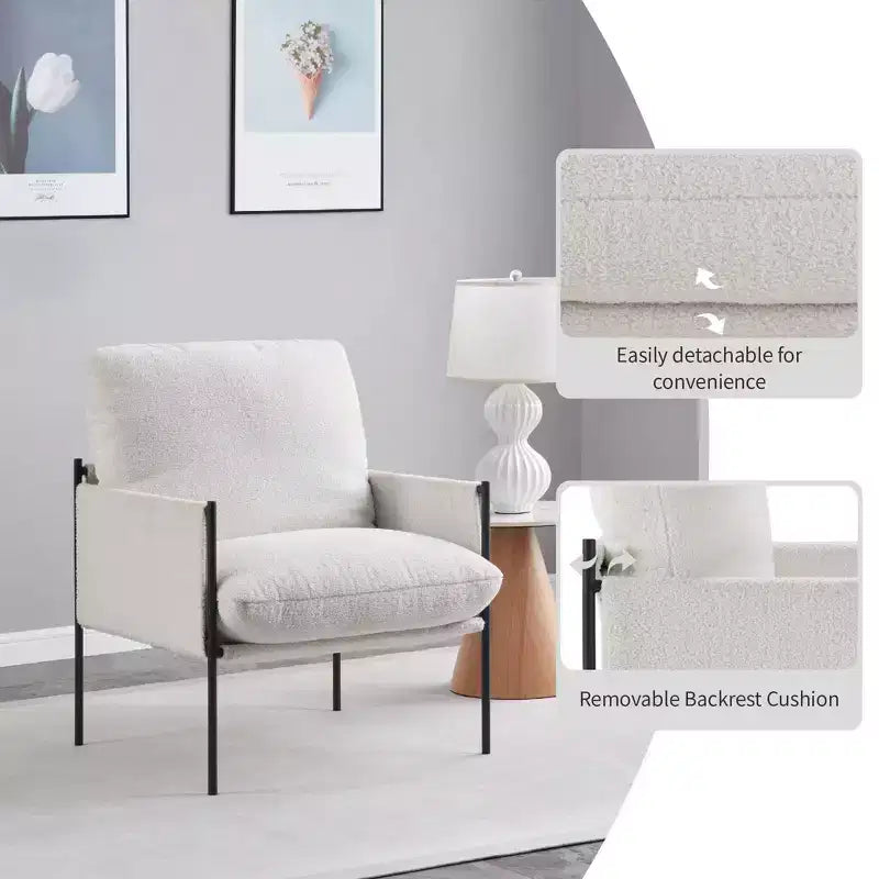 Fauteuil d'appoint blanc avec accoudoirs en bois et coussin amovible