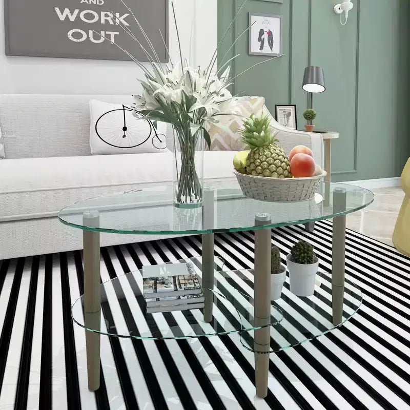 Table basse ovale transparente en verre avec pieds en bois de chêne, table moderne à 3 niveaux pour salon