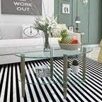 Table basse ovale transparente en verre avec pieds en bois de chêne, table moderne à 3 niveaux pour salon