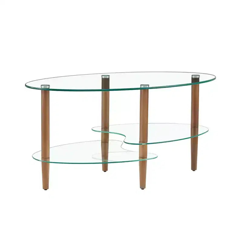 Table basse ovale transparente en verre avec pieds en bois de chêne, table moderne à 3 niveaux pour salon