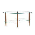 Table basse ovale transparente en verre avec pieds en bois de chêne, table moderne à 3 niveaux pour salon