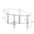 Table basse ovale transparente en verre avec pieds en bois de chêne, table moderne à 3 niveaux pour salon