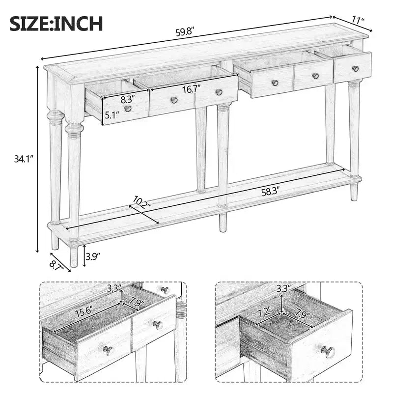 Console Rétro Luxystar avec 4 Tiroirs, Étagère Ouverte pour Entrée et Salon, Gris Lavé