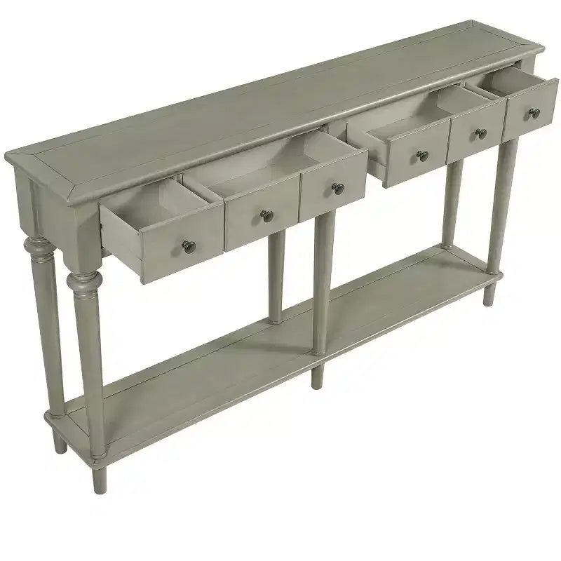 Console Rétro Luxystar avec 4 Tiroirs, Étagère Ouverte pour Entrée et Salon, Gris Lavé