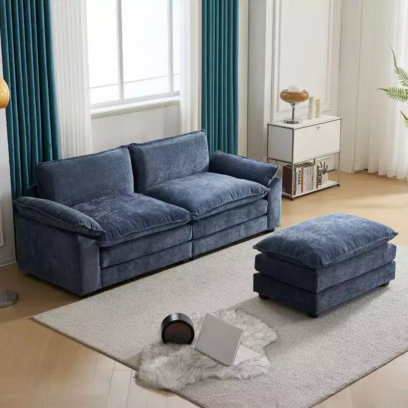 Canapé en chenille bleu Karl Home | 85,4 po L avec accoudoirs, coussin double-couche surpiqué et pouf