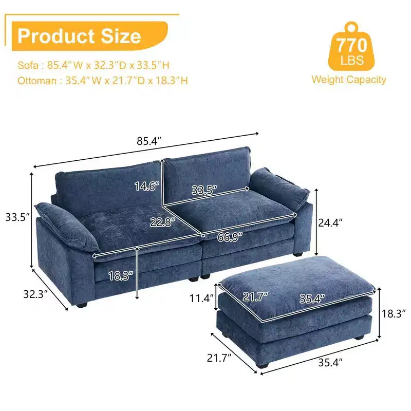 Canapé en chenille bleu Karl Home | 85,4 po L avec accoudoirs, coussin double-couche surpiqué et pouf