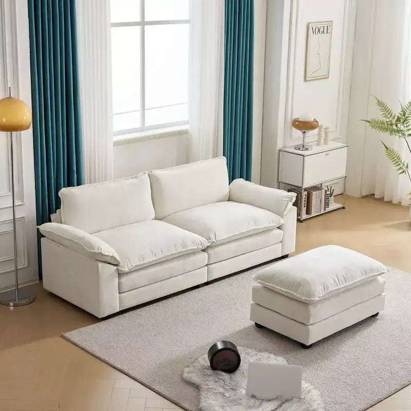 Canapé en chenille bleu Karl Home | 85,4 po L avec accoudoirs, coussin double-couche surpiqué et pouf