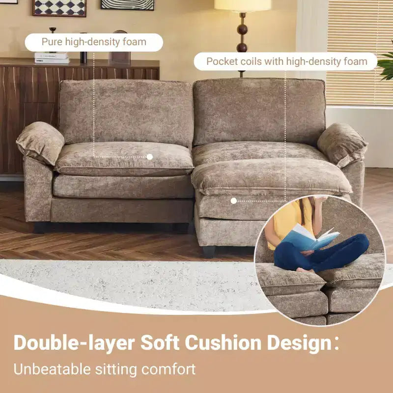 Canapé en chenille bleu Karl Home | 85,4 po L avec accoudoirs, coussin double-couche surpiqué et pouf