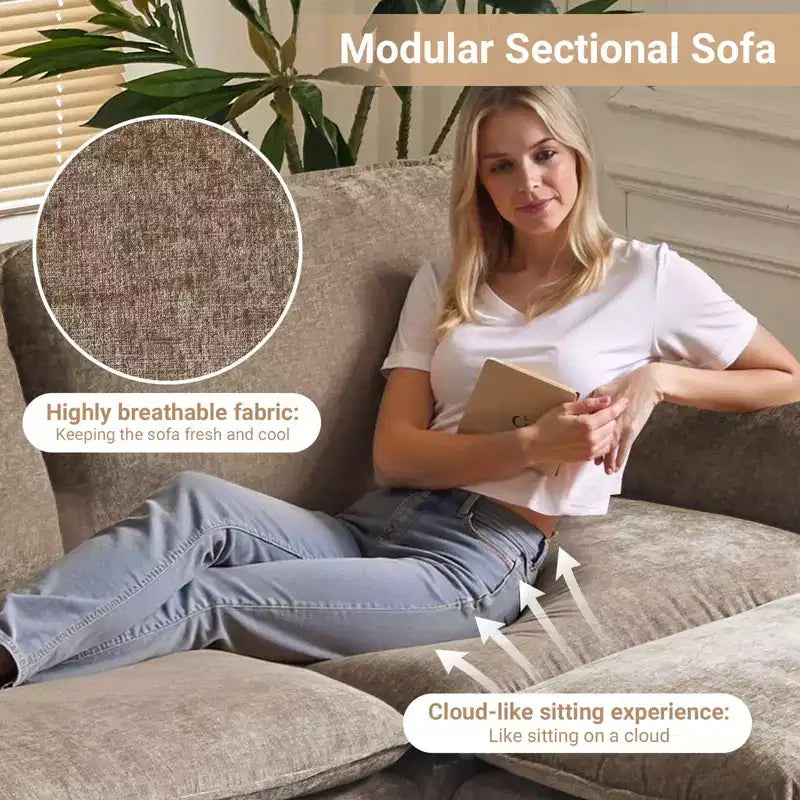 Canapé en chenille bleu Karl Home | 85,4 po L avec accoudoirs, coussin double-couche surpiqué et pouf