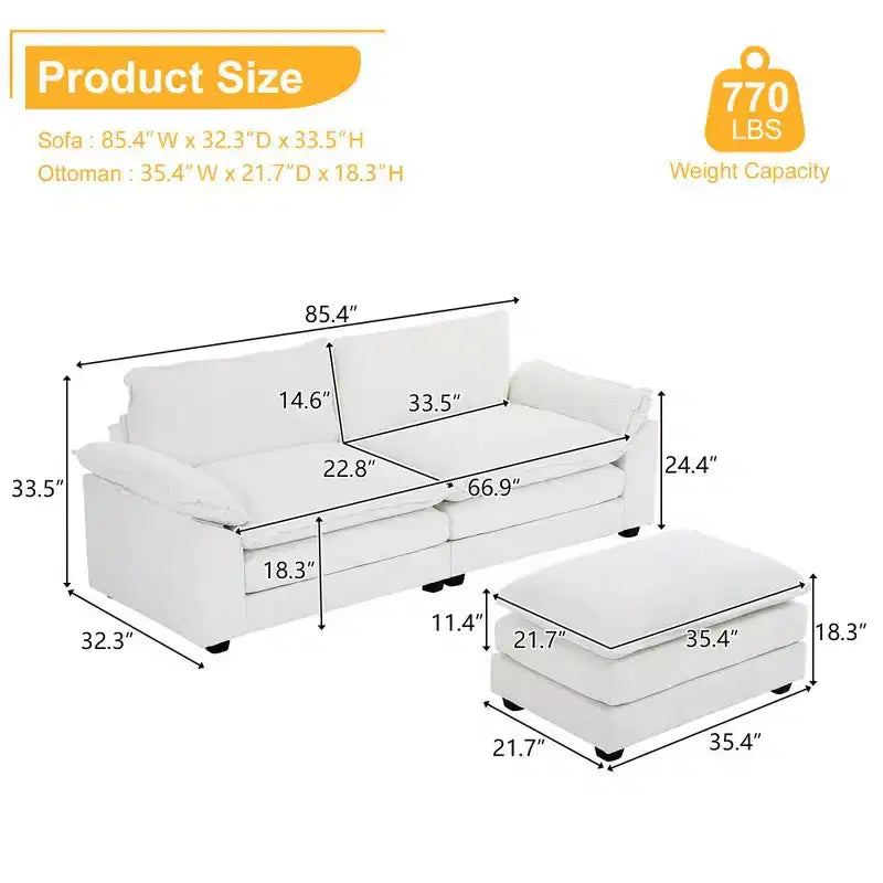 Canapé en chenille bleu Karl Home | 85,4 po L avec accoudoirs, coussin double-couche surpiqué et pouf