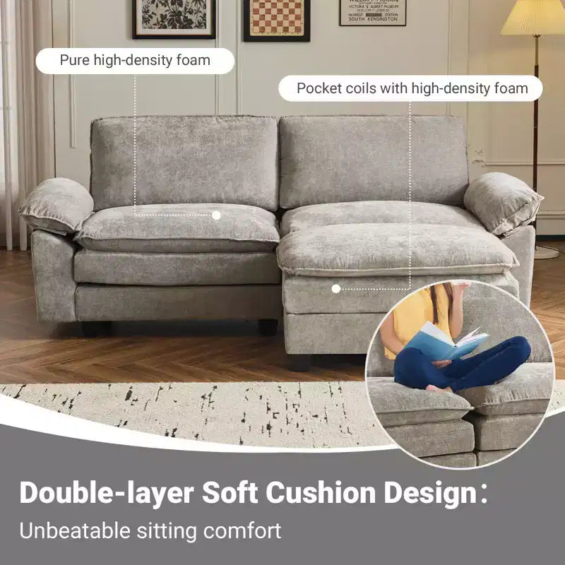 Canapé en chenille bleu Karl Home | 85,4 po L avec accoudoirs, coussin double-couche surpiqué et pouf