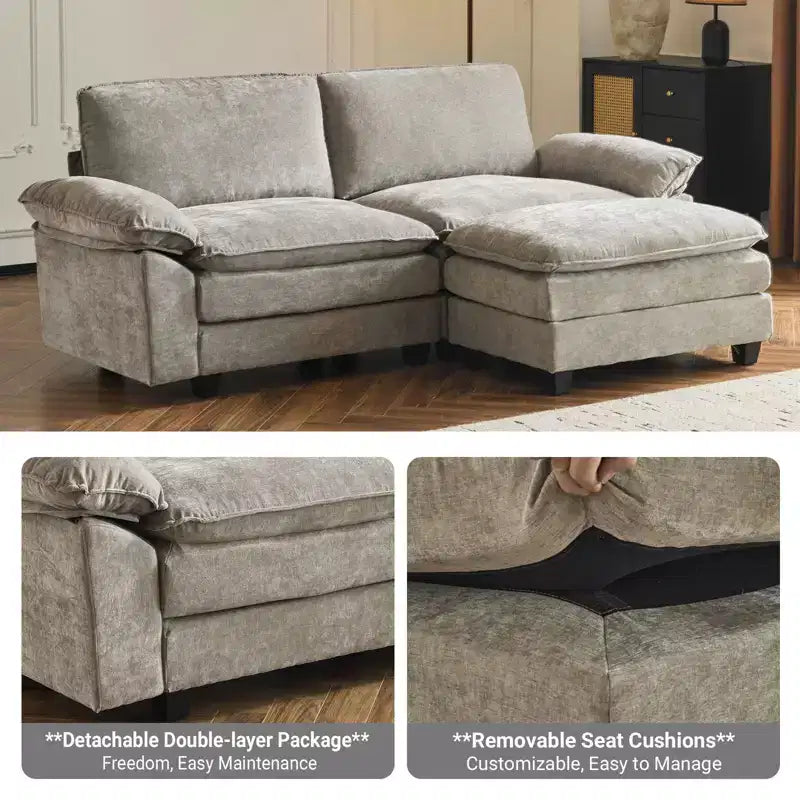 Canapé en chenille bleu Karl Home | 85,4 po L avec accoudoirs, coussin double-couche surpiqué et pouf