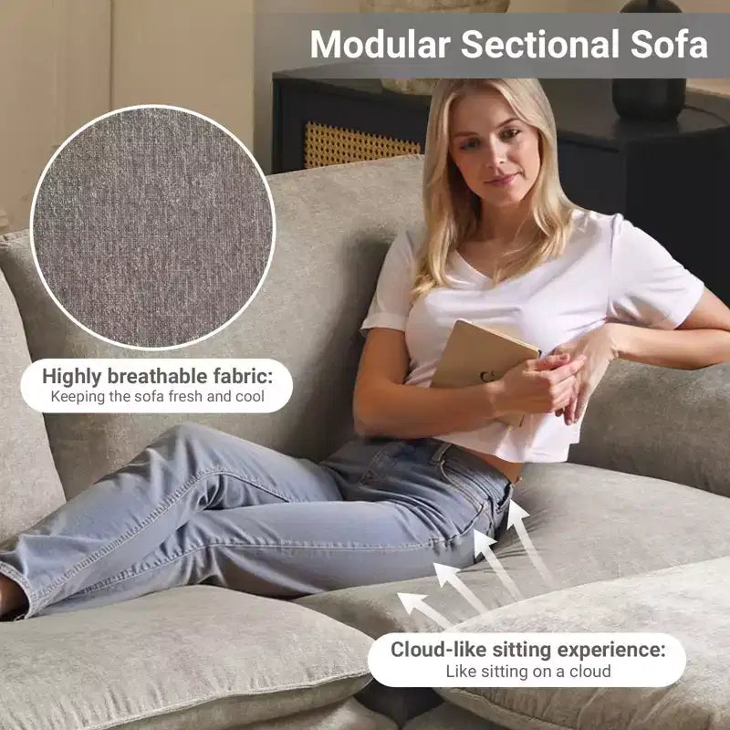 Canapé en chenille bleu Karl Home | 85,4 po L avec accoudoirs, coussin double-couche surpiqué et pouf