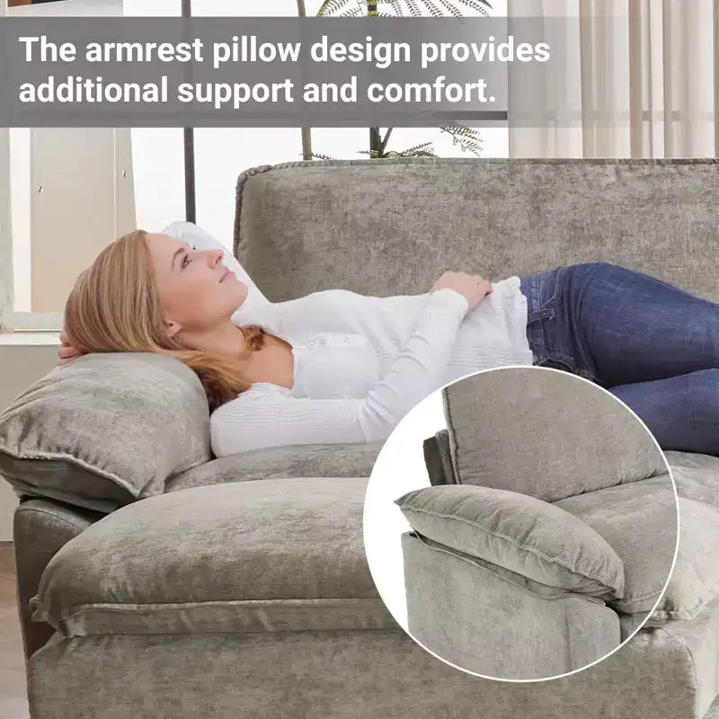 Canapé en chenille bleu Karl Home | 85,4 po L avec accoudoirs, coussin double-couche surpiqué et pouf