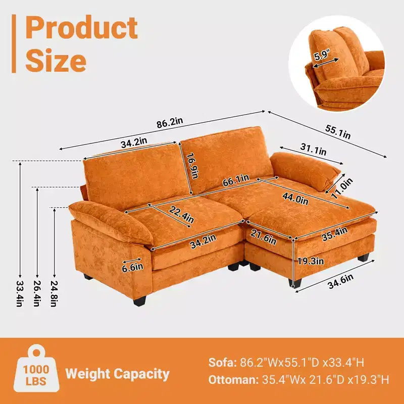 Canapé en chenille bleu Karl Home | 85,4 po L avec accoudoirs, coussin double-couche surpiqué et pouf