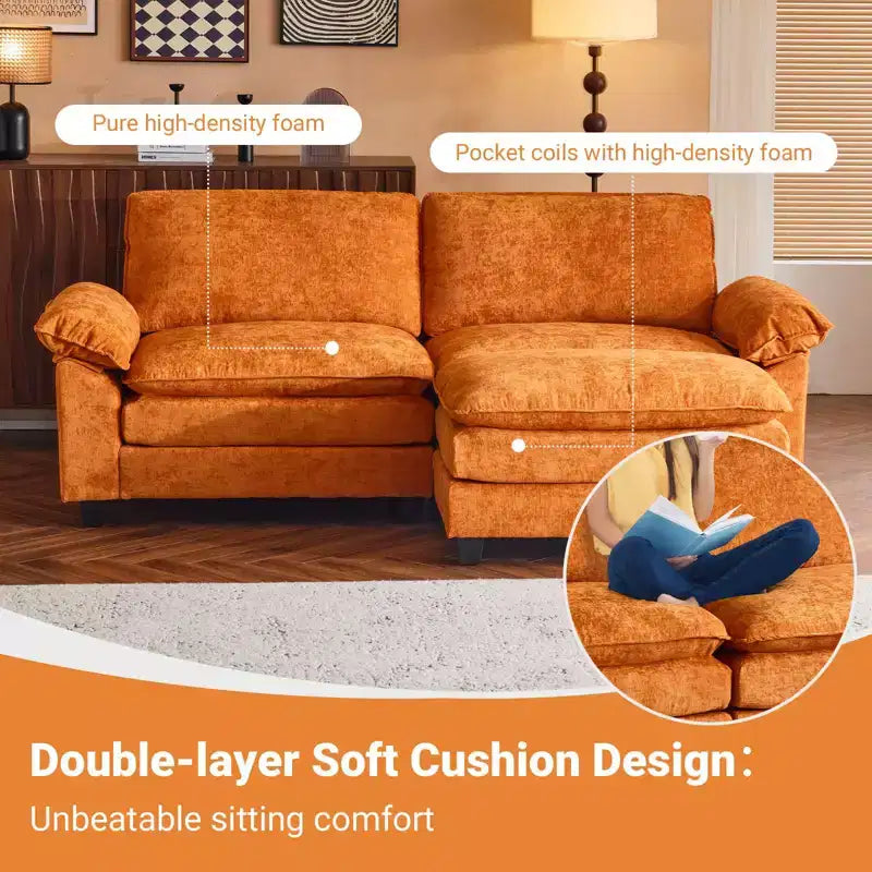 Canapé en chenille bleu Karl Home | 85,4 po L avec accoudoirs, coussin double-couche surpiqué et pouf