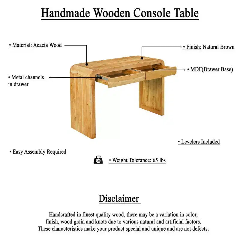 Console Royal Hampton | Plateau de 43 po de large | Bois d'acacia naturel fait à la main | Rangement à deux tiroirs