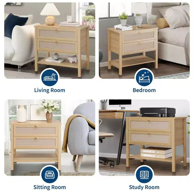 Tables de chevet en rotin (lot de 2), bout de canapé avec 2 tiroirs et étagère ouverte, table d'appoint pour petits espaces, table de chevet pour salon