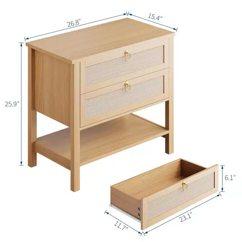 Tables de chevet en rotin (lot de 2), bout de canapé avec 2 tiroirs et étagère ouverte, table d'appoint pour petits espaces, table de chevet pour salon