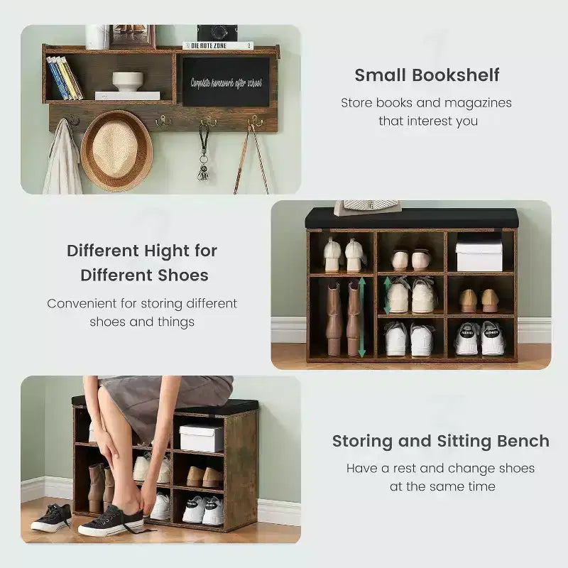 Ensemble d'entrée Acekool 31.5 - Porte-manteau mural + banc à chaussures avec rangement et tableau noir, design rétro
